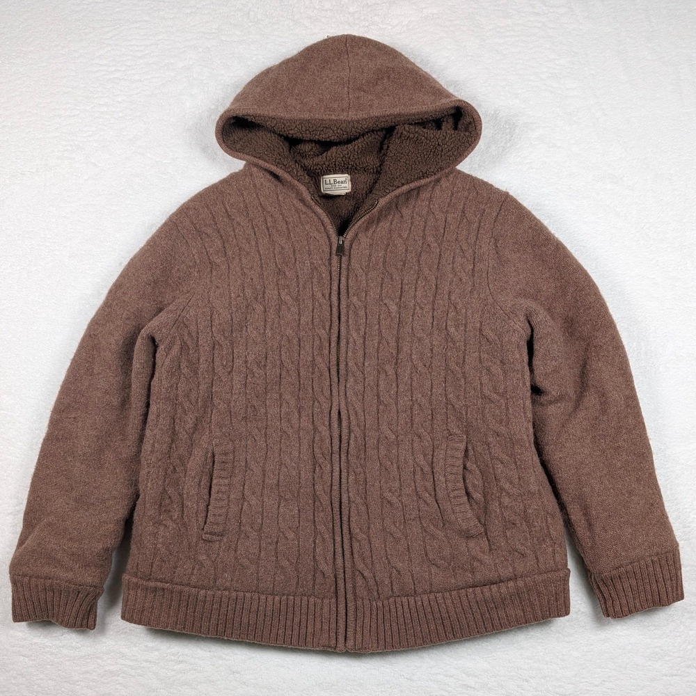 LL Bean Sweater Womens XL Cable Knit Hooded Full Zip Lambs Wool Fleece Fisherman